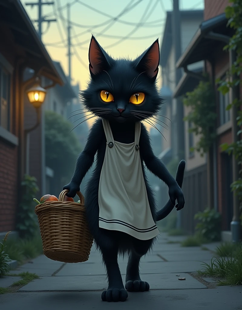  Back Alley。Bipedal black cat(Cait Sith)crosses in front of viewers 、Cait Sithはジト目で視聴者を見る、Wearing white apron、 has a shopping basket made of baskets 、 in a residential area first thing in the evening 。