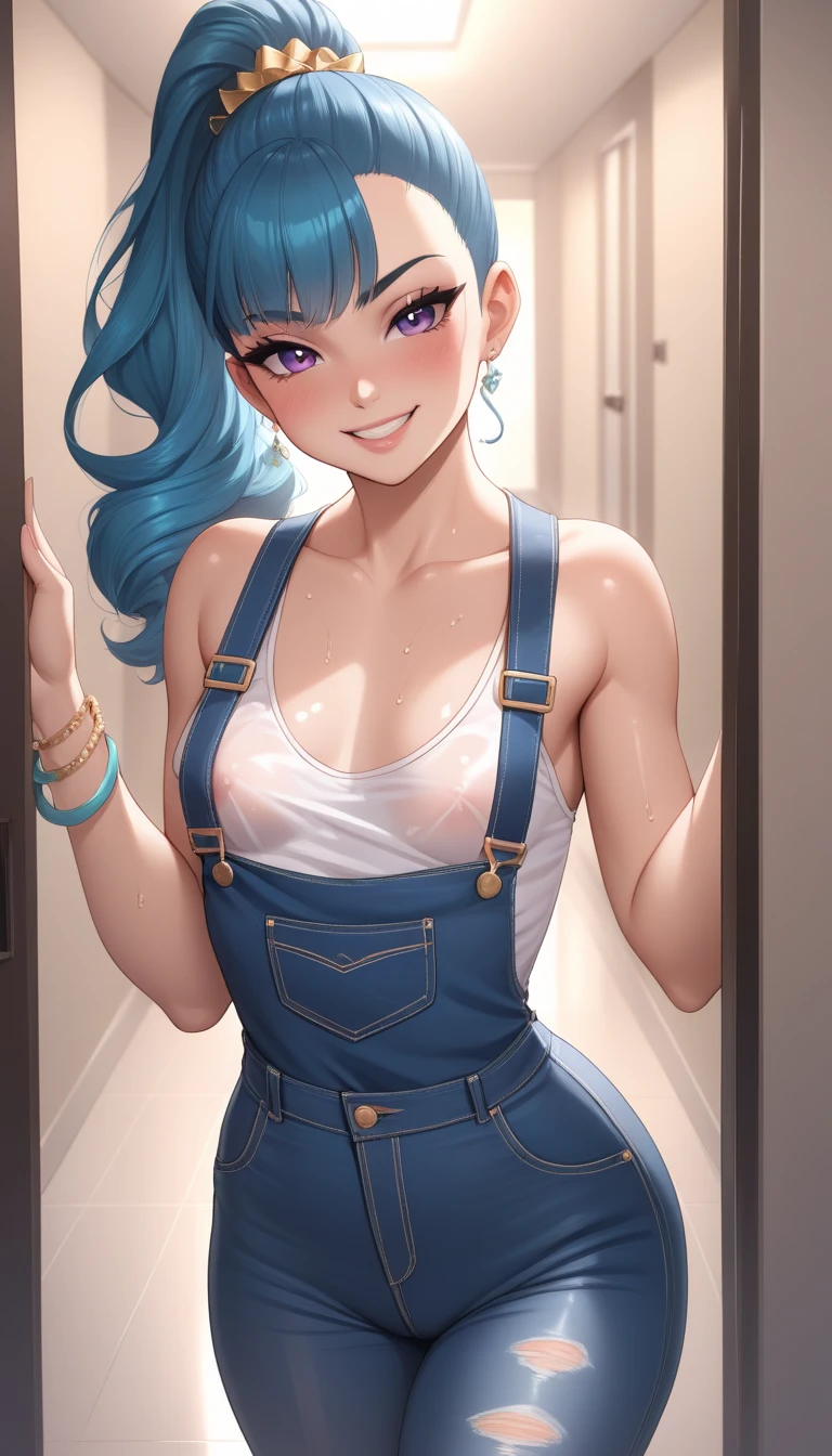 Best quality, 4k, Masterpiece :1.3), beautiful young girl, hyper realistic, 1girl, (droopy breasts, attractive body :1.2), stand:1.1, (very long disheveled blue hair with curly:1.3), ultra-detailed face, detailed lips, detailed eyes, double eyelid, topless, hanging breasts, visible curves, light blue cropped micro denim shorts, perfect flat breasts, blue eyes, thick-soled shoes, sunny summer day, smiling, european girl, narrow hips, (ahoge:1.2), (glasses:1.3), parororo, ginagerson
