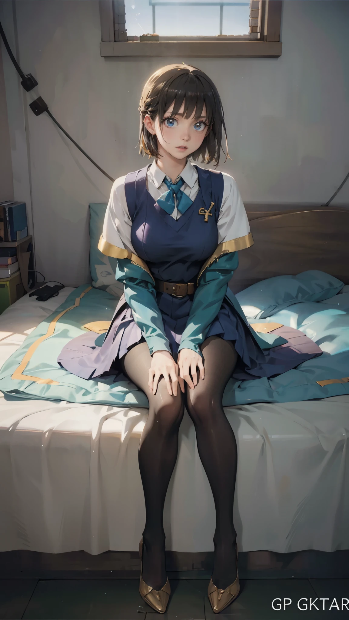 anime - style illustration of a woman in a  high school outfit, video game character, official character art, trending on cgstation, e-girl, e - girl, cushart krenz key art feminine, full body, female action anime girl, sitting, black pantyhose:1.5, cameltoe:1.5,