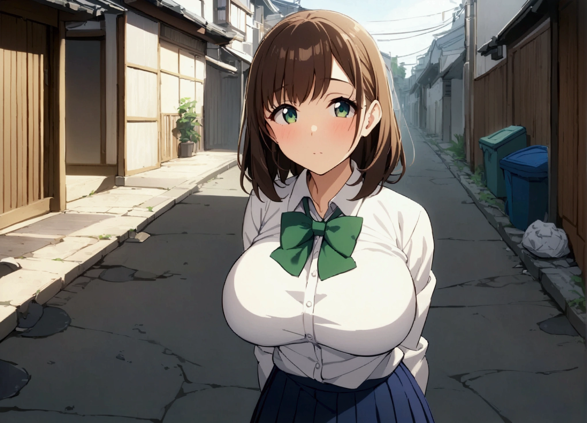 whole body,One Girl,School uniform with green ribbon,Long sleeve,White shirt,Blue mini skirt,Big Breasts,Expensive, tall, THICK THIGS ,Hands Behind Back,Medium Hair,Brown Hair,Green Eyes,Japanese Alley, asphalt , lots of trash,walk,finely detailed 美しいface,high quality,anime,Beautiful high resolution,anime color,{{{masterpiece}}},{{{{Very fine particles}}}},{{{{Highly detailed body}}}},{{{{Highly detailed fingers}}}},