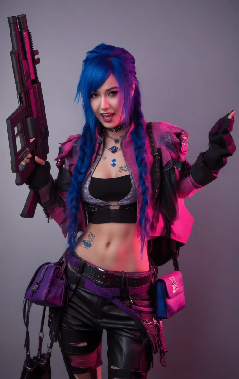Jinx, Arcano, Jinx de League of Legends, long neon blue hair in braids, Seios grandes perfeitos, perfect hands, Double hair braids, braided hair, Minipistola, light juxtaposition& Sombra, Moody, intenso, feroz, Cinematic lighting, luz de raking, longas sombras luminosas, alta qualidade, smiling as he holds a shark-shaped rocket launcher, rosto estilo anime, Corpo Perfeito, Steampunk clockpunk --ar 6:9 --s 1000 --c 12 --q 2 --v 5.2