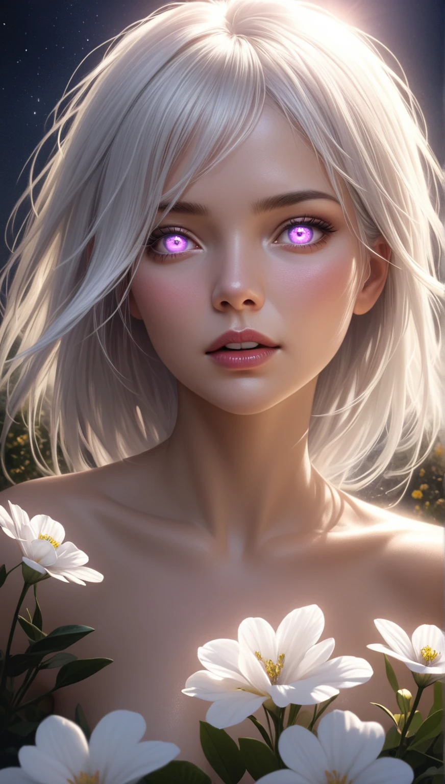 realistic, 1woman, white hair, purple eyes, glowing eyes, nude, parted lips, blush, night, flowers, sun, sunlight,