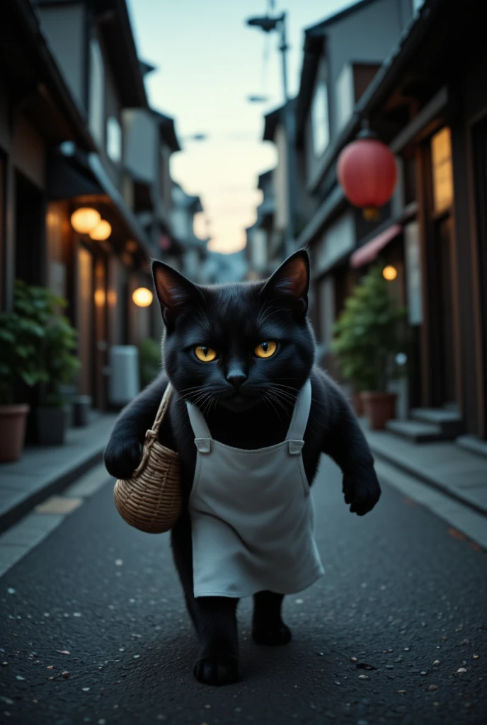 a black cat with narrowed eyes crossing in front of the viewer, wearing a white apron and carrying a woven shopping basket, in a residential street at dusk, expressing the Japanese superstition that a black cat crossing one's path is bad luck, (best quality,4k,8k,highres,masterpiece:1.2),ultra-detailed,(realistic,photorealistic,photo-realistic:1.37),detailed eyes,detailed nose,detailed lips,extremely detailed face,long eyelashes,1 black cat,residential street,dusk lighting,woven basket,white apron,moody,dramatic,cinematic,dark,gloomy,mysterious,traditional Japanese architecture,narrow alley,atmospheric,captivating