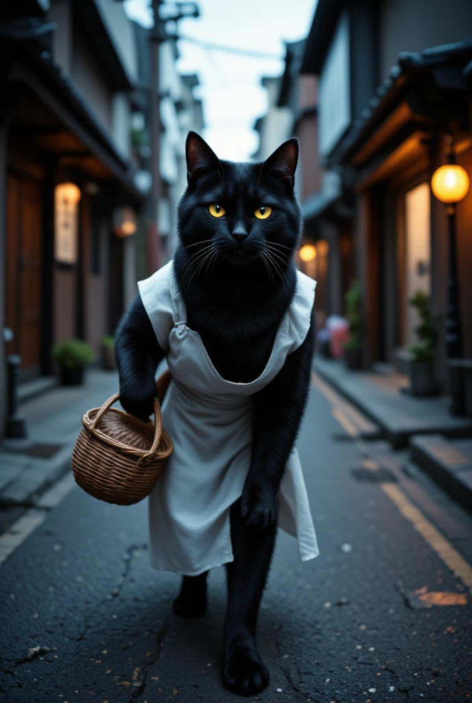 a black cat with narrowed eyes crossing in front of the viewer, wearing a white apron and carrying a woven shopping basket, in a residential street at dusk, expressing the Japanese superstition that a black cat crossing one's path is bad luck, (best quality,4k,8k,highres,masterpiece:1.2),ultra-detailed,(realistic,photorealistic,photo-realistic:1.37),detailed eyes,detailed nose,detailed lips,extremely detailed face,long eyelashes,1 black cat,residential street,dusk lighting,woven basket,white apron,moody,dramatic,cinematic,dark,gloomy,mysterious,traditional Japanese architecture,narrow alley,atmospheric,captivating