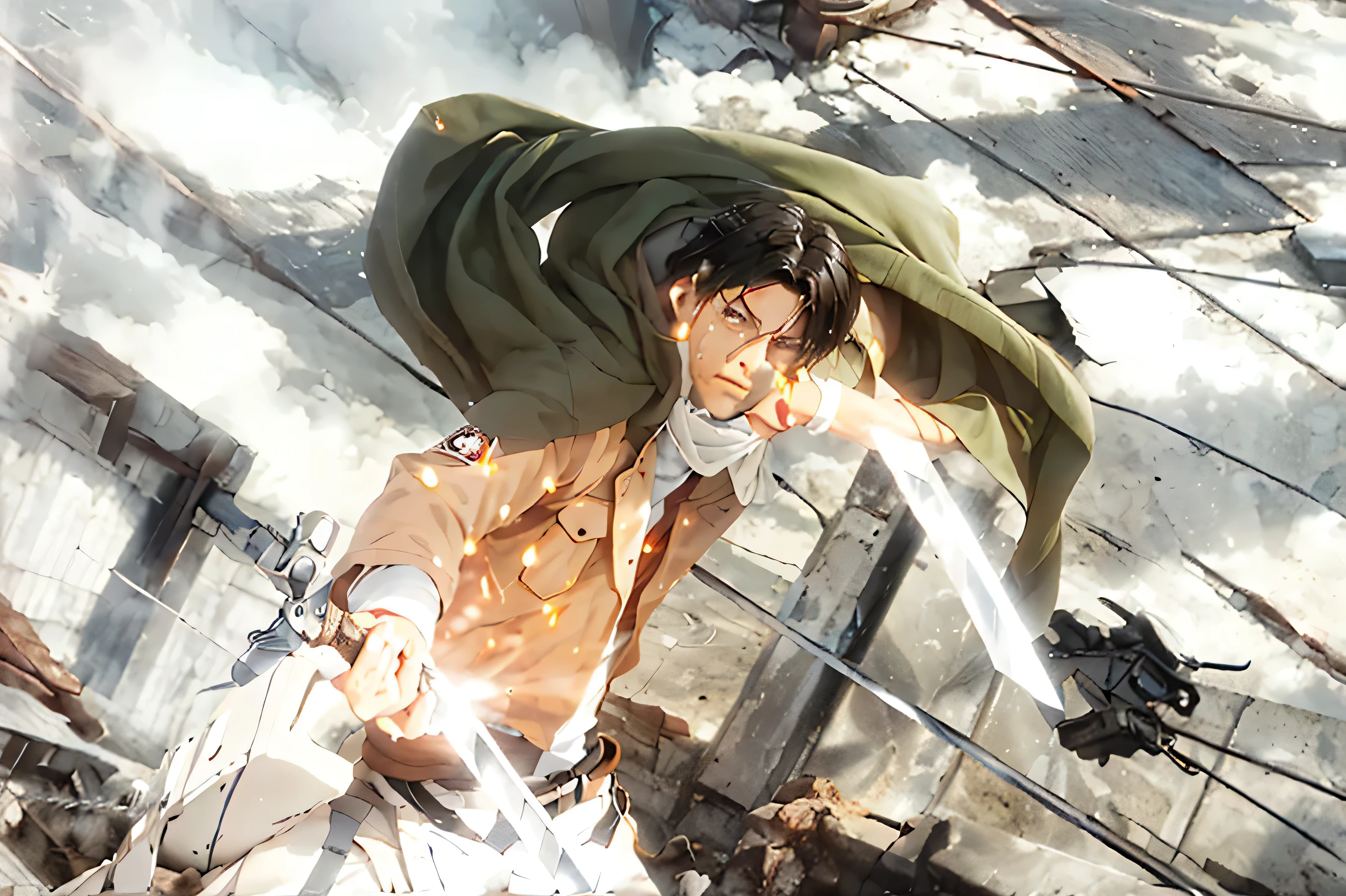 ((LEVI ACKERMAN_SHINGEKI NO KYOJIN)((realistic, photorealistic)),(highlight hair)), Light reflection, (( HD )),((upper body)), (((best quality, masterpiece))), (masterpiece) (best quality) (detail) (8k) (HDR) (wallpaper) (cinematic lighting) (sharp focuasterpiece, best quality: 1.1), Real life adaption of this character, realistic outfit, realistic shadow, realistic light, realism, hyper realistic, realistic background,realistic hair,(photorealistic:1.2), (masterpiece: 1.2), (best quality: 1.3), (clear details: 1.3), ((((ultra-detailed)))), ((detailed eyes)), (extremely detailed face:1.4), (highly detailed eyelash:1.6), Ada_re4, (sitting),(beautiful face:1.5), (Masterpiece, Top Quality: 1.2),masculine male, masterpiece, ((perfect eyes)) best quality, (semirealism:1.9), beautiful lighting, (extremely detailed CG unity 4k fhd wallpaper), High Detail, Sharp focus, dramatic outdoors, 1 boy , white hair, light purpel eyes, smile. Attack on titan logo on sleeve
1boy, levi ackerman, Super Deformed Character, levi from anime attack on titan, sword in hand vertical maneuvering equipment, narrow, intimidating dull gray eyes with dark circles under them and a deceptively youthful face, frowning or expressionless, in his Survey Corps uniform with green hooded cloak, serious mood, awesome full color, high quality, highly detailed, 8K Ultra HD, brick walls, fire particles,Sword slash, blood splash, splash,Medieval city