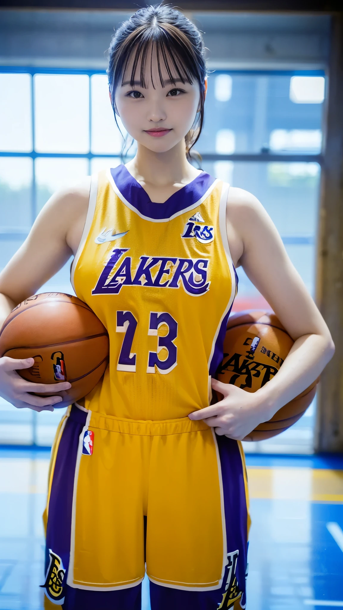 Best Quality,masterpiece, super high definition, highdefinition RAW color photo, professional photography, natural skin texture, fine skin, hyperrealism , Japanese Female,(smile,big breasts, shortcut hair,slim body),(((Watching basketball,NBA,Lakers jerseys,Basketball Shoes)))