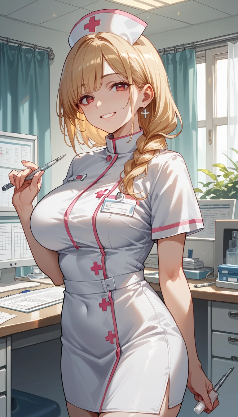 8k, Masterpiece, High Quality:1.2,  delicate illustration,  very detailed,One female,Kitagawa Marln,  bangs, kind, smile, Big Breasts, very nice,nurse,room