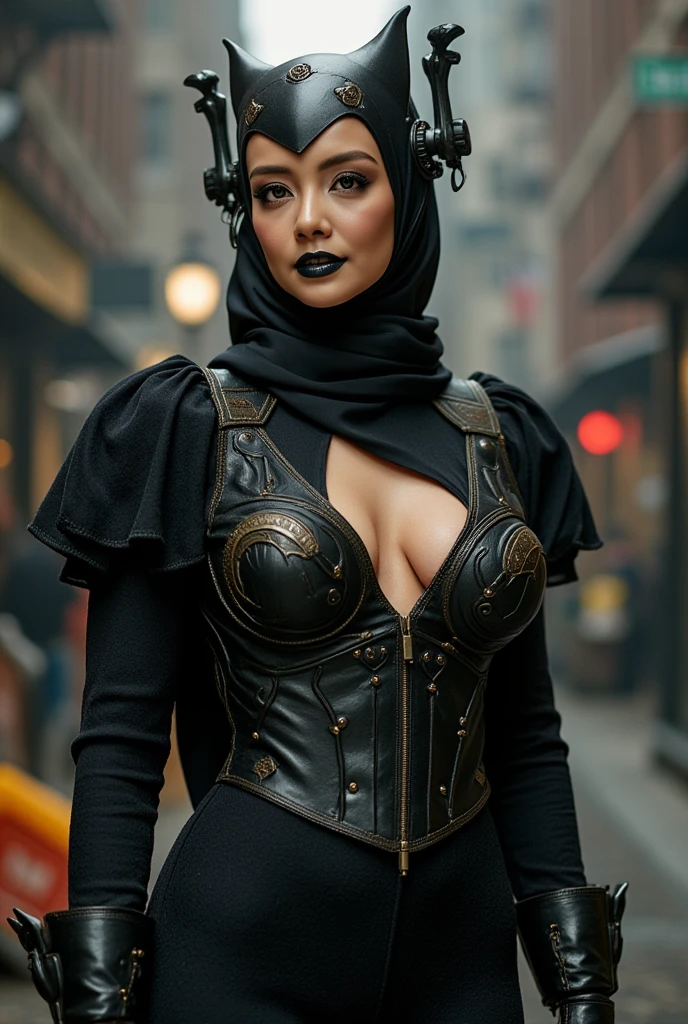(a busty malaysian woman:1.1,40 years old:1.1,giga busty:1.1,hijab:1.1,alpaca themed:1.1,superhero costume:1.1) striking heroic poses, performing incredible feats of strength, and exuding an aura of power. Her captivating eyes shine with determination, and her graceful lips form a confident smile. The intricate details of her face and physique are meticulously rendered, showcasing her robust beauty. She stands tall and proud, her majestic hijab flowing in the wind. The hijab is adorned with vibrant patterns inspired by the majestic alpaca, creating a visually stunning contrast. The exquisite fabric drapes elegantly around her, adding a touch of grace to her heroic presence. Her attire embodies the spirit of a superhero, with an alpaca theme that adds a unique twist. The costume features a sleek blend of modern and steam punk elements, embracing a futuristic aesthetic. It is crafted with the finest materials, accentuating her formidable figure and enhancing her aura of strength. Beside her stands her loyal sidekick, a steam punk alpaca. This anthropomorphic creature exudes undeniable charm with its gears, pipes, and intricate mechanical elements. It serves as a perfect companion for the Malaysian heroine, complementing her bravery and adding a touch of whimsical steampunk flair to the scene. The scene itself is bathed in vibrant colors and contrast, with vivid hues that reflect the hero's energy and determination. The lighting creates a dramatic atmosphere, accentuating her heroic poses and creating a sense of awe-inspiring grandeur. With the utmost attention to detail and the highest quality, this artwork seamlessly combines realism and fantastical elements to create a truly breathtaking masterpiece. As the viewer gazes upon this visually stunning depiction, they are transported into a world where strength, diversity, and heroism intertwine.