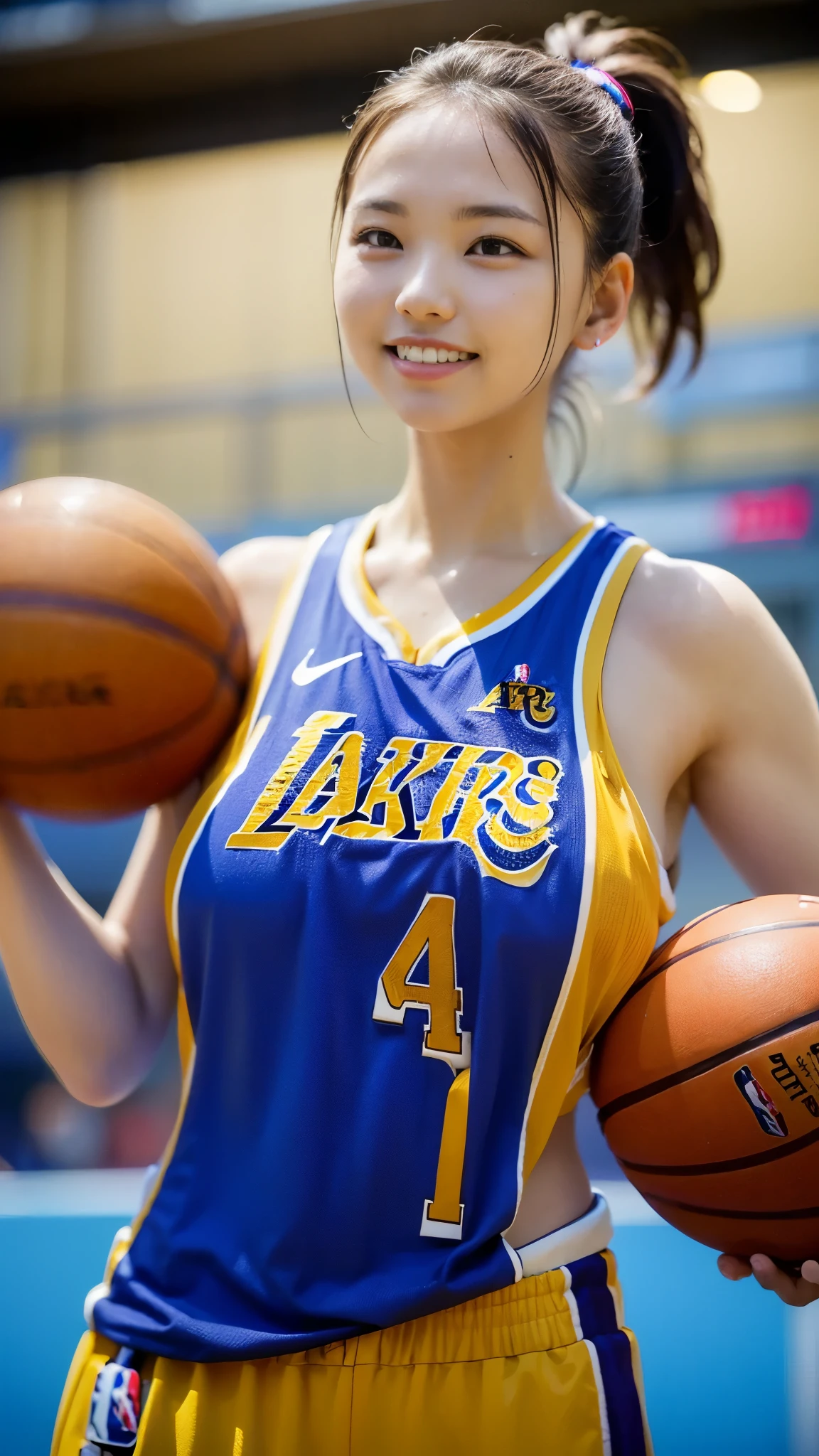 Best Quality,masterpiece, super high definition, highdefinition RAW color photo, professional photography, natural skin texture, fine skin, hyperrealism , Japanese Female,(smile,gigantic breasts, ponytail hair,slim body),(((Watching basketball,NBA,Lakers jerseys,Basketball Shoes)))