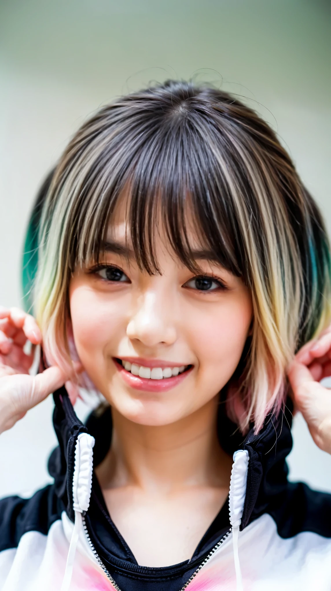 1 girl, alone focus, portrait, (front open track jacket,oversized black color track jacket), half pink, half green, ((black hair)), (yellow hair), (gradient hair :1.5), long straight hair, highly detailed eyes, (white skin:1.1), highest quality, Super detailed, white background, simple background、happy smile、beautiful decollete