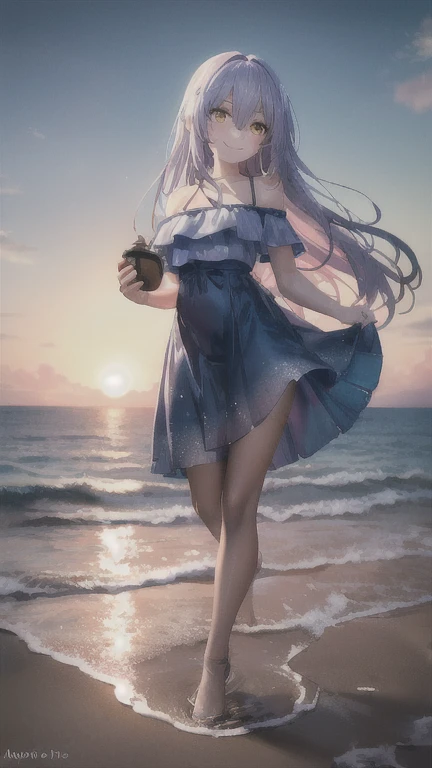  cute girl,Alone,  short stature ,( yellow eyes,indigo hair ),(Long Hair),  Hair Bouncing to the Side ,  hair intake , hair between eyes, Beautiful Breasts , Goddess Aphrodite ,Astart ,((Tan skin )),
 Sky Blue Dress , Blue Long Skirt , Off-the-Shoulder Blue Bikini,I'm watching my torn blue tights ,(Wet),Bare abdomen
(smile:1.1),(Pathetic:1.1), is embarrassing, closed mouth,shiny skin, Hi-Res,( Symmetrical Clear Eyes :1.3)
(sea, beach ,sunset,dusk), Depth,4K, absurd,(From below), dynamic poses on hands , dynamic angle that raises one leg terribly,Best Quality,masterpiece,Detailed view,destructive art ,Luxurious,( ray tracing,illustrated,Reflected Light),