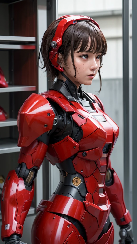 最  high quality非常に  Details,   Details,   high quality, 最  high quality,   kampala, 1080P,  hard disk , beautiful,(War Machine),( tight fit headgear),See the whole picture,beautifulサイボーグ女性, redmecha cyborg  girl holding a robot head with both hands,BATTLE MODE,Mecha Body Girl　8k red body armor 　  girl　Sweaty face　Droopy eyes　  short hair 　 　  boyish  　Steam coming out of my head　  Her Hair Is Wet With Sweat  　Brown Hair,   steam is coming out of the mouth   　   no exposed skin under her face  　(bare hands)   back view 　(( Drenched ))