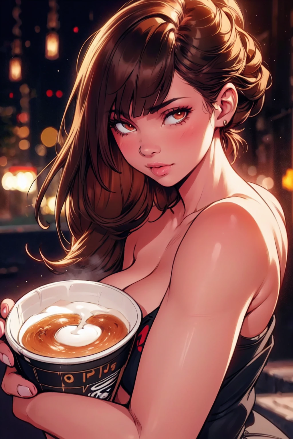 a beautiful young woman, 1girl, brown hair, ponytail with bangs, brown eyes, cute face, perfect body, erotic clothing, attractive, hot, sexy, Starbucks coffee shop, simple, soft, kind, caring, calm, (best quality,4k,8k,highres,masterpiece:1.2),ultra-detailed,(realistic,photorealistic,photo-realistic:1.37),HDR,UHD,studio lighting,ultra-fine painting,sharp focus,physically-based rendering,extreme detail description,professional,vivid colors,bokeh,portrait, full body view, erotic body, rule34.