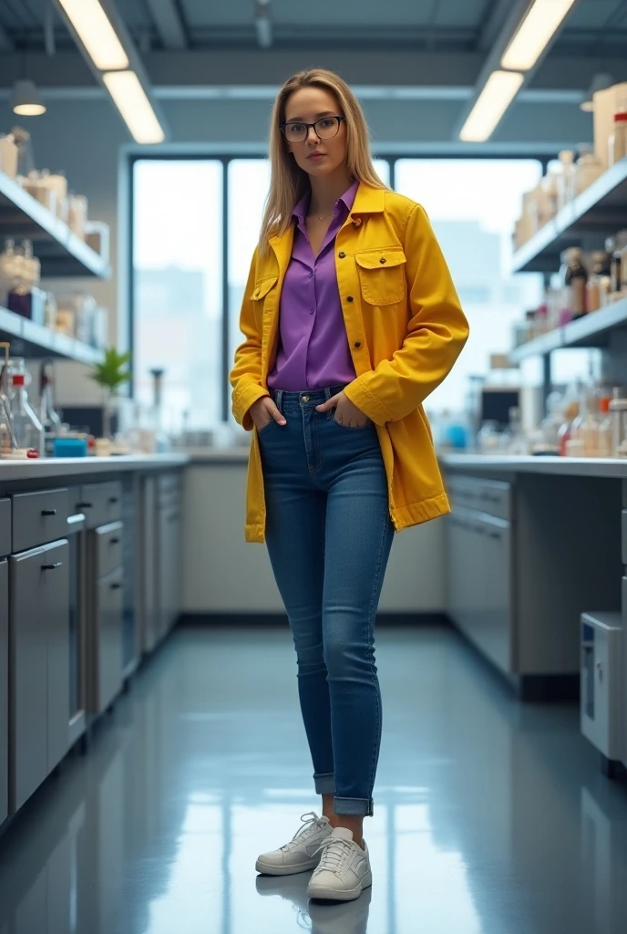 Black woman with blonde hair, thin woman in typical laboratory technician clothing wearing fashion accessories such as earrings, rings and high heels in a laboratory-themed setting