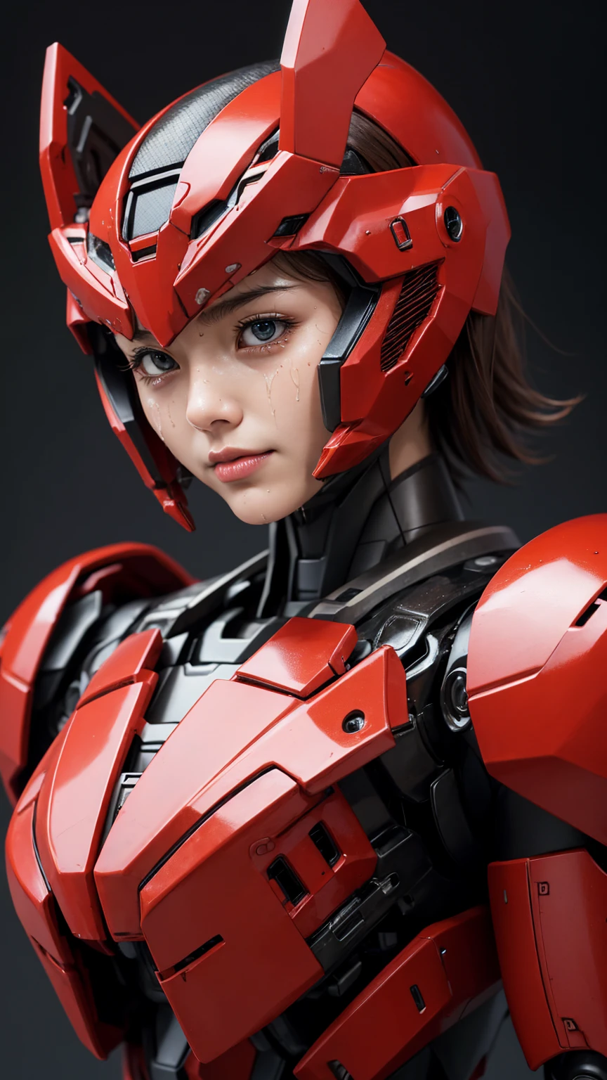 最  high quality非常に  Details,   Details,   high quality, 最  high quality,   kampala, 1080P,  hard disk , beautiful,(War Machine),( tight fit headgear),See the whole picture,beautifulサイボーグ女性, redmecha cyborg  girl holding a robot head with both hands,BATTLE MODE,Mecha Body Girl　8k red body armor 　  girl　Sweaty face　Droopy eyes　  short hair 　 　  boyish  　Steam coming out of my head　  Her Hair Is Wet With Sweat  　Brown Hair,   steam is coming out of the mouth   　   no exposed skin under her face  　(bare hands)   back view 　(( Drenched ))