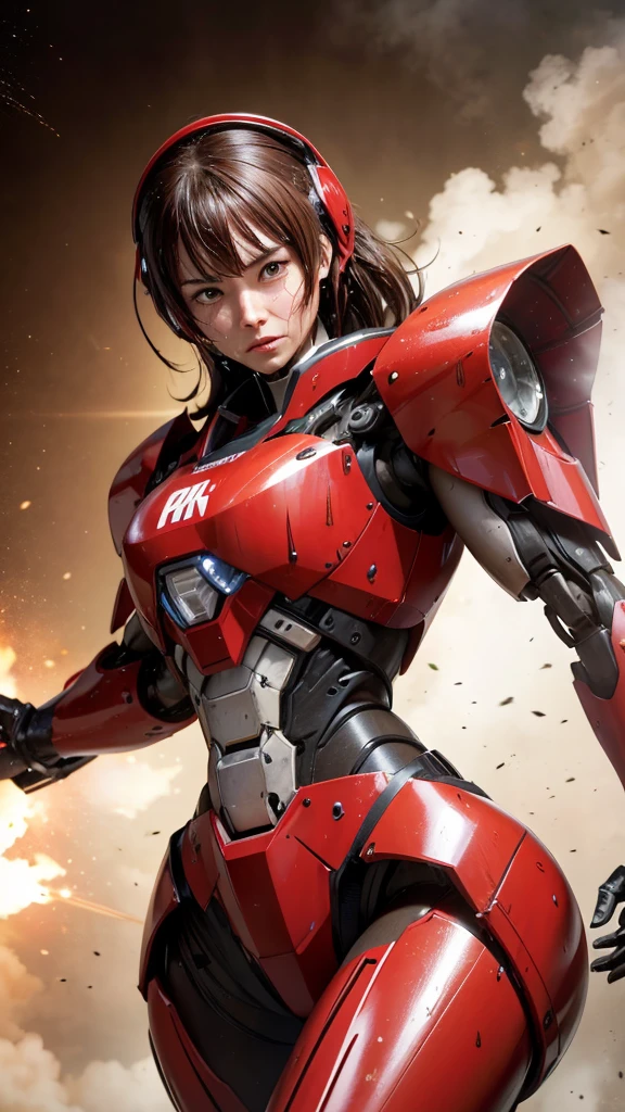 最  high quality非常に  Details,   Details,   high quality, 最  high quality,   kampala, 1080P,  hard disk , beautiful,(War Machine),( tight fit headgear),See the whole picture,beautifulサイボーグ女性, redmecha cyborg  girl holding a robot head with both hands,BATTLE MODE,Mecha Body Girl　8k red body armor 　  girl　Sweaty face　Droopy eyes　  short hair 　 　  boyish  　Steam coming out of my head　  Her Hair Is Wet With Sweat  　Brown Hair,   steam is coming out of the mouth   　There is no exposed skin underneath the falling face 　(bare hands)   back view 　(( Drenched ))