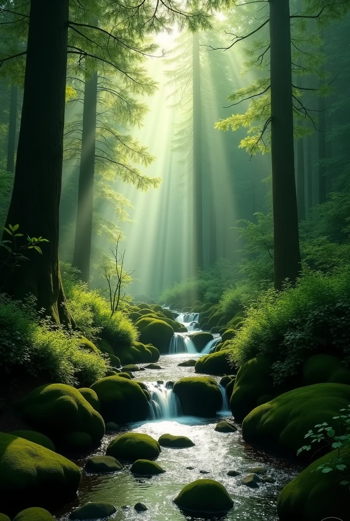 A mystical forest scene featuring a gentle stream flowing through moss ...