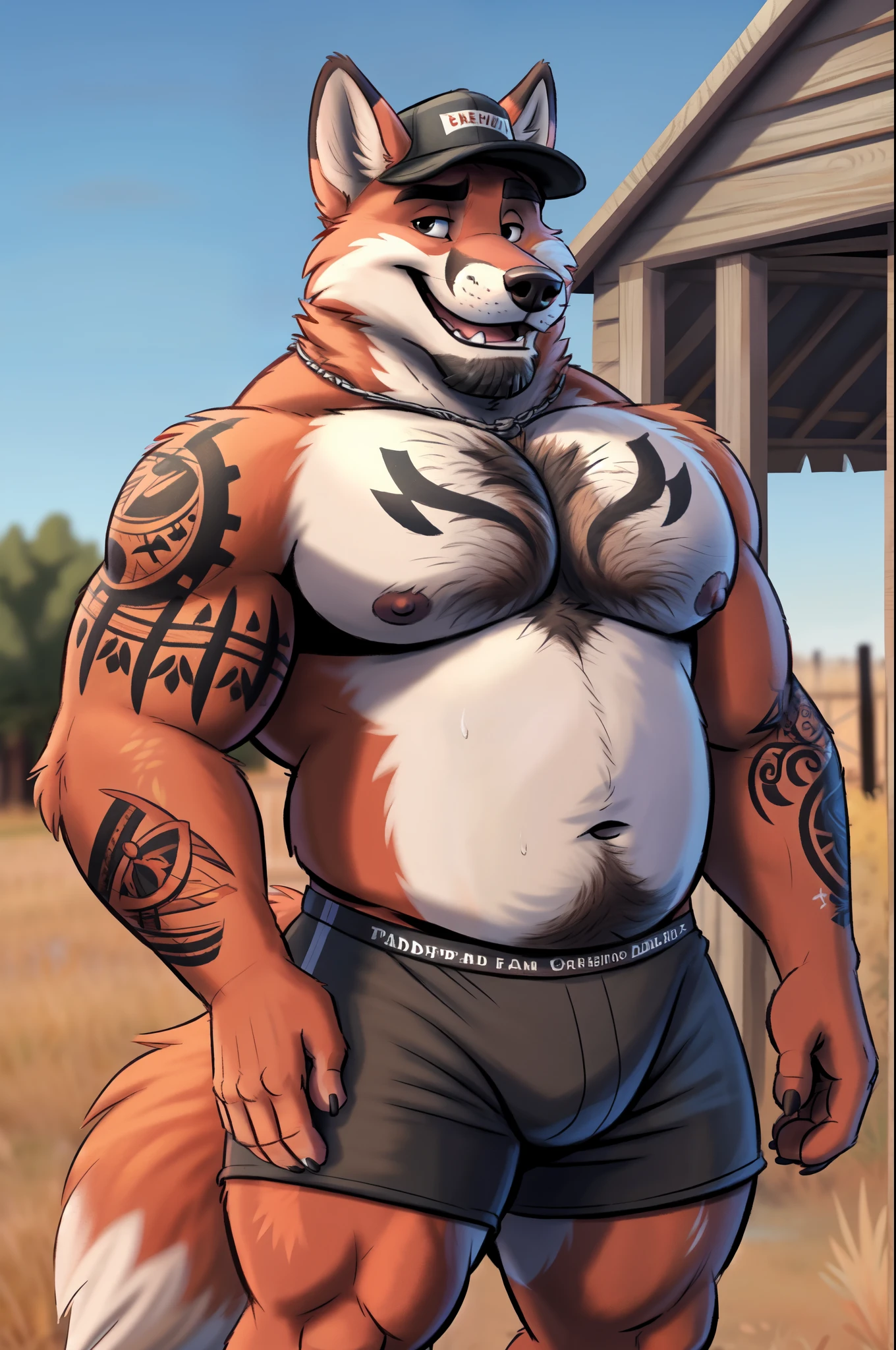 hi res, alabama coyote, anthro, 4 fingers, blurred background, middle aged mature male in early 40's, musclegut, musclegut anthro, musclegut male, tail, standing outside in front yard of very realistic very detailed very accurate trashy mobile home in trashy mobile home park in rural south alabama, solo, detailed background, by dramamine, by nanoff, by minedoo, by dream_and_nightmare, by horrorbuns, slightly fluffy detailed multi tone coyote fur, full body view, realistic coyote fur pattern, colors, and markings, very calm relaxed happy face, very casual cool tough pose, frontal view, fully front facing view, american, alabama, southern, redneck, trashy, rural, working class, scruffy, average height slightly fat and chubby very sexy stocky tattooed muscular body, tattooed dad bod, dilf, open mouth, showing teeth, open eyes, detailed pupils, detailed medium sized nipples, nipple tips and areolas, summer, shirtless male, high quality, masterpiece, perked up ears, slightly hairy tattooed body, facing viewer, looking at viewer, smiling, smiling at viewer, without text, outdoors, closeup, detailed coyote teeth, wearing detailed old worn out jorts detailed belt and detailed redneck belt buckle, belly overhang, detailed happy trail, very detailed trashy southern redneck tattoos on body, detailed huge tattooed pecs and moobs, detailed slightly big tattooed belly, very realistic proportions, very tough and manly, headwear, wearing detailed old worn out redneck trucker cap, slightly hairy tattooed body, detailed eyes, sweaty fur, hdr, 8k, detailed deep navel, wearing detailed silver chain necklace, detailed chest and belly hair,
