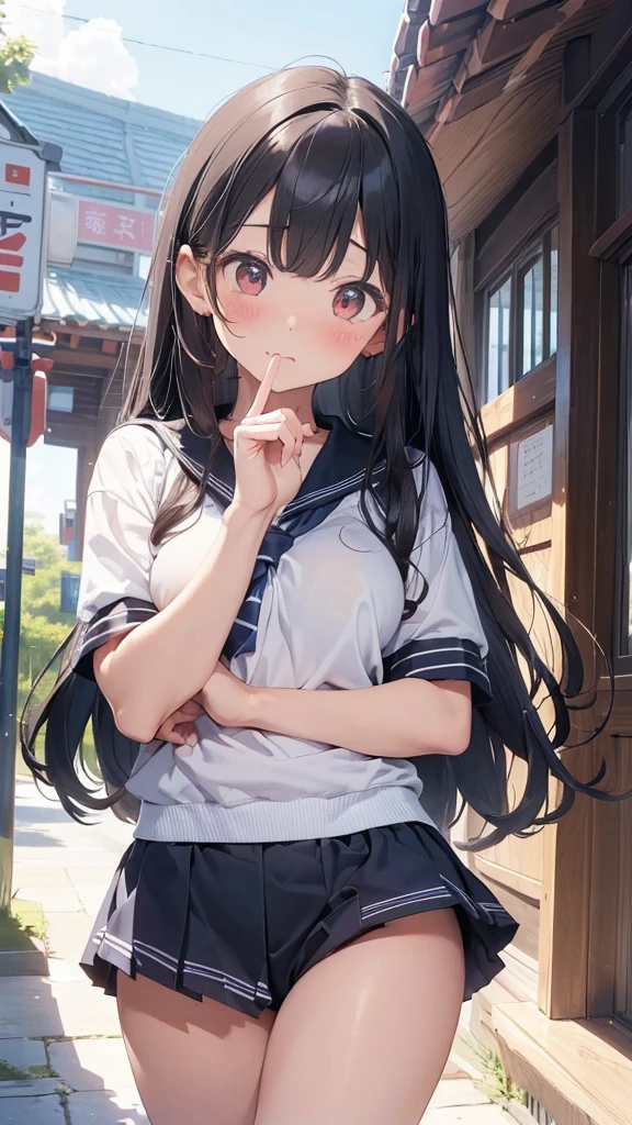 ((( Hi-Res, masterpiece,  anatomically correct,  won numerous awards, Best Quality,  High Details ,  Ultra High Definition, )))、(((beautiful fingers、beautiful hands,)))kawaii、burumashorts、 charming thighs、barefoot、Inner thighs、School、Schoolの体操着、 big breasts at the temple、Bloomersを隠そうとしている、Trying to hide crotch、Bloomers、Panic face、Red cheeks、 embarrassed face、Black Hair、fine hair 