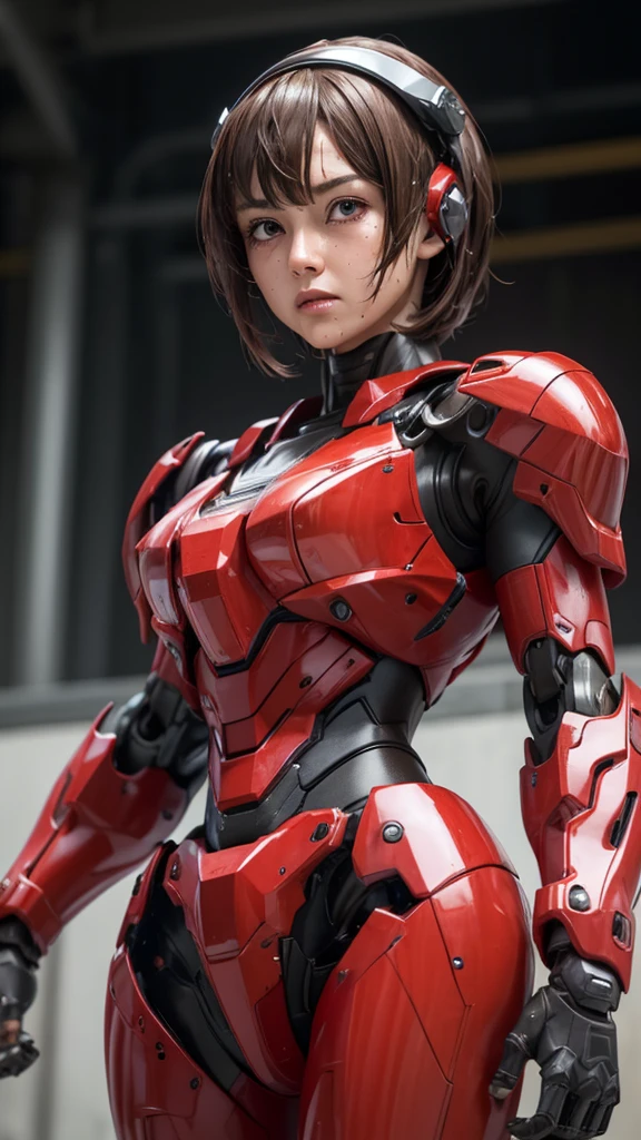 最  high quality非常に  Details,   Details,   high quality, 最  high quality,   kampala, 1080P,  hard disk , beautiful,(War Machine),( tight fit headgear),See the whole picture,beautifulサイボーグ女性, redmecha cyborg  girl holding a robot head with both hands,BATTLE MODE,Mecha Body Girl　8k red body armor 　  girl　Sweaty face　Droopy eyes　  short hair 　 　  boyish  　Steam coming out of my head　  Her Hair Is Wet With Sweat  　Brown Hair,   steam is coming out of the mouth   　   no exposed skin under her face  　(bare hands)   back view 　(( Drenched )) (Does not show skin other than the face)