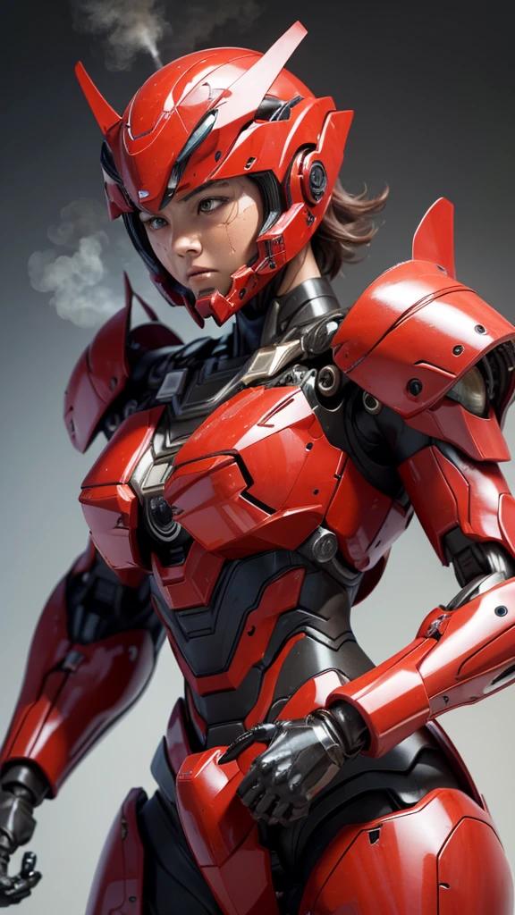 最  high quality非常に  Details,   Details,   high quality, 最  high quality,   kampala, 1080P,  hard disk , beautiful,(War Machine),( tight fit headgear),See the whole picture,beautifulサイボーグ女性, redmecha cyborg  girl holding a robot head with both hands,BATTLE MODE,Mecha Body Girl　8k red body armor 　  girl　Sweaty face　Droopy eyes　  short hair 　 　  boyish  　Steam coming out of my head　  Her Hair Is Wet With Sweat  　Brown Hair,   steam is coming out of the mouth   　   no exposed skin under her face  　(bare hands)   back view 　(( Drenched )) (Does not show skin other than the face)