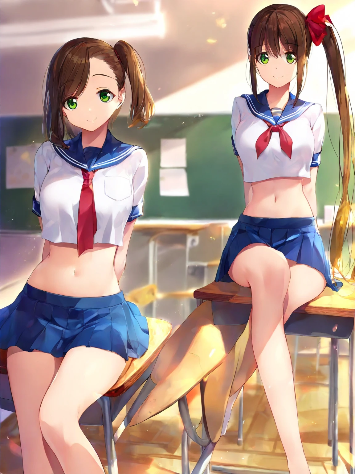 masterpiece, best quality, very aesthetic, 1girl, JK, detailed green eyes, tareme, half opened mouth, smile, dark brown hair, silky hair, hair pulled back:,side ponytail, contrapposto, sitting on the desk, (with legs together, hands behind back, navel, Captivating thighs, knee, classroom, crop top white shirt, sailor suit, pleated skirt, red ribbon tie, front view
