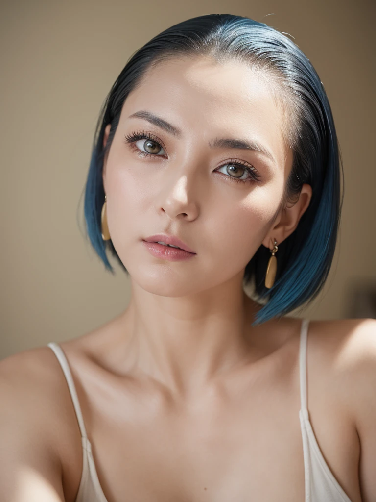 best quality, 1girl, ((looking at viewer)), dark blue hair, black eyes, very short hair, spiky hair, ahoge, nude, 171cm, messy hair, hair between eyes, medium breasts, large breasts, plump, dark skin, tomboy, adult, 20 years old, 1girl, solo, sole, grin, wide hips, thighs, standing, messy room, bedroom, shelves, DVDs, books, video games, computer, CDs, vinyl records, VHS tapes,