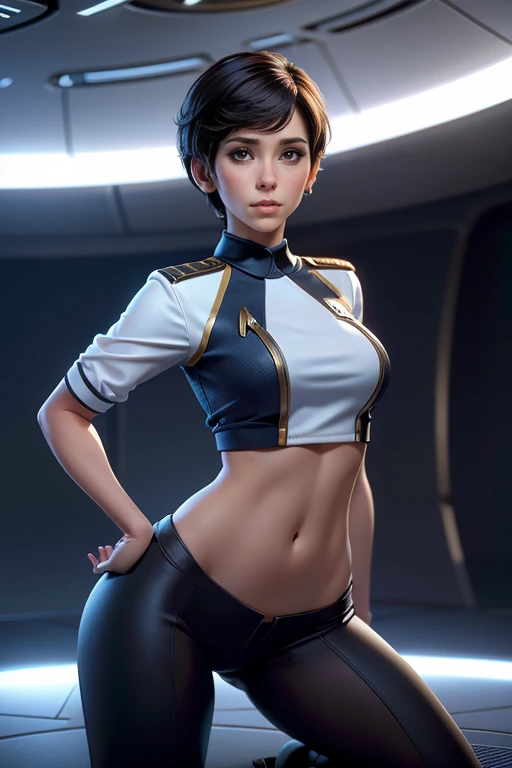 Female crew member of the USS Enterprise from Star Trek,  short hair , brown eyes, Confident and determined , firm stance,  safe expression,   natural lighting ,  ultra resolution ,  plain white background , without patterns, No textures.