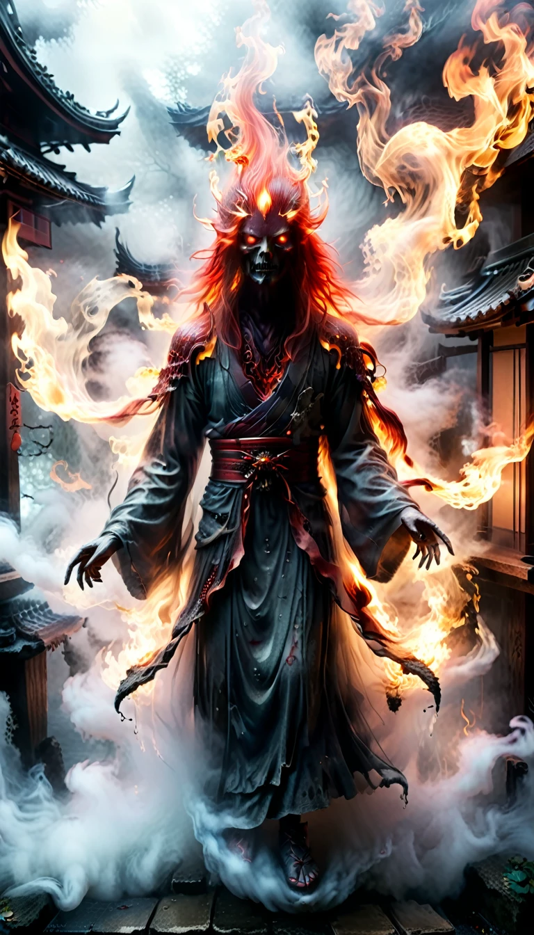 A terrifying and horrible Chinese Shura ghost,The face is fierce,Shura has strange characteristics,Like extra eyes、Multiple or unusual skin colors,Like red or black。The overall image exudes a fierce momentum,Surrounded by flames and other combat elements。The background is dark and ominous,Full of chaos and atmosphere。