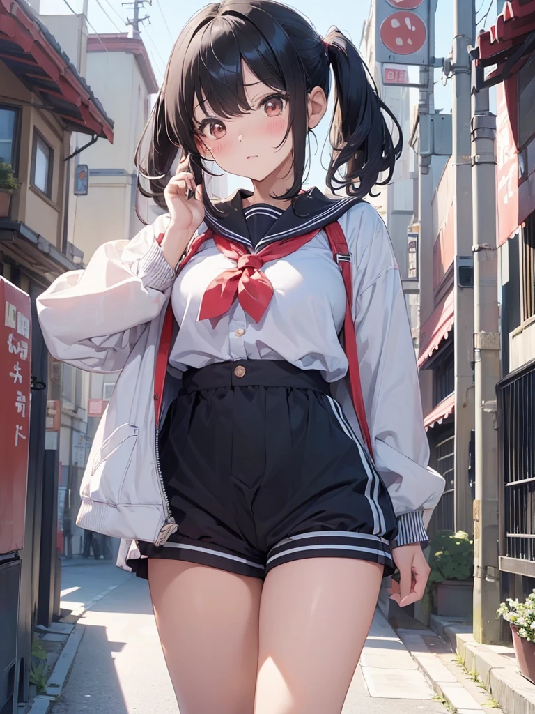 ((( Hi-Res, masterpiece,  anatomically correct,  won numerous awards, Best Quality,  High Details ,  Ultra High Definition, )))、(((beautiful fingers、beautiful hands,)))kawaii、burumashorts、 charming thighs、barefoot、Inner thighs、School、、 big breasts at the temple、Bloomersを隠そうとしている、Trying to hide crotch、Bloomers、Panic face、Red cheeks、 embarrassed face、Black Hair、fine hair 