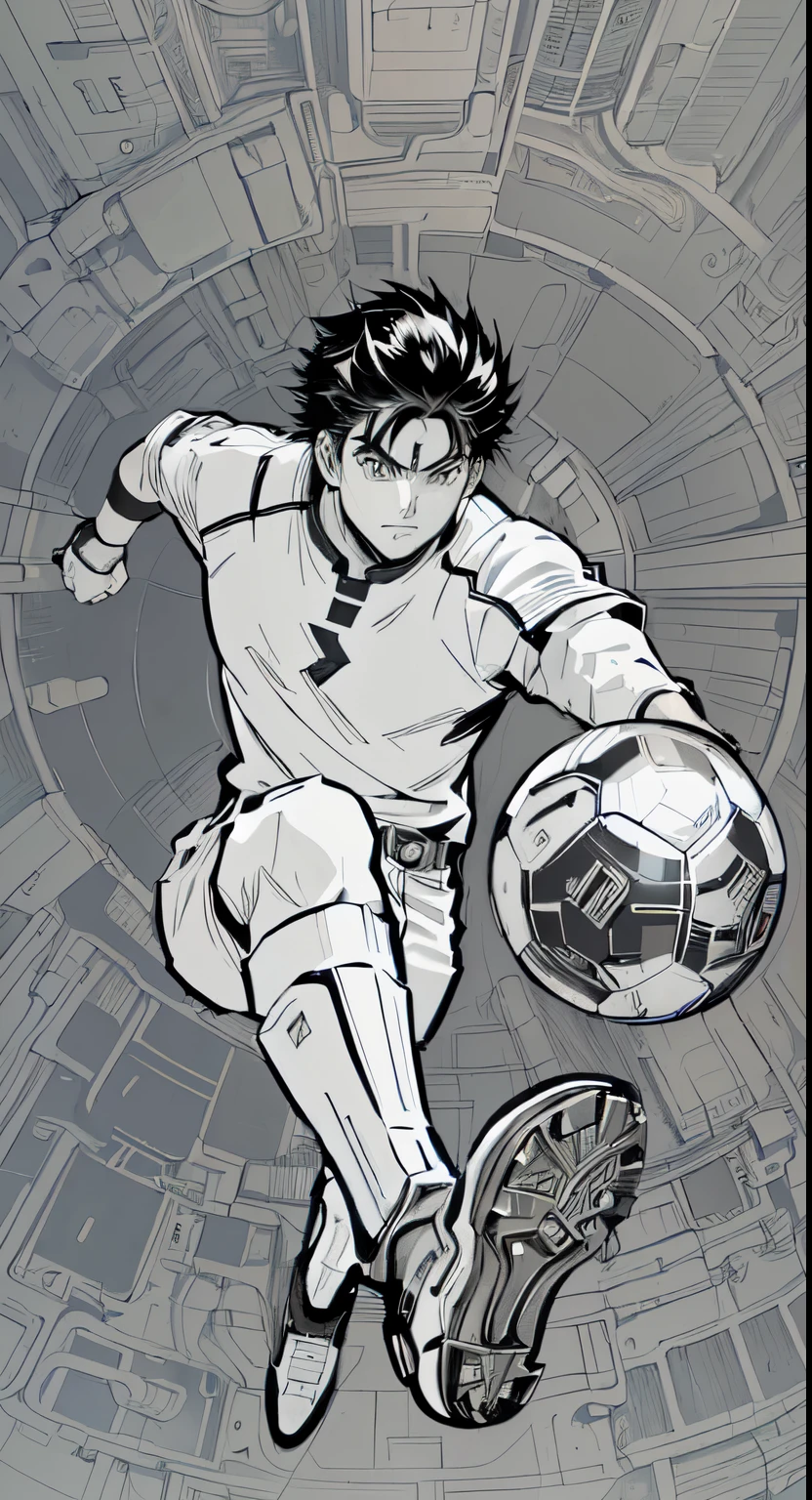 a close up of a manga hero kicking a soccer ball in a futuristic design circle, cyberpunk elements, kentaro miura manga art style, kentaro miura manga style, striking manga artstyle, official illustration, game illustration, in the style of sachin teng, official art, poster design, realistic, highly detailed