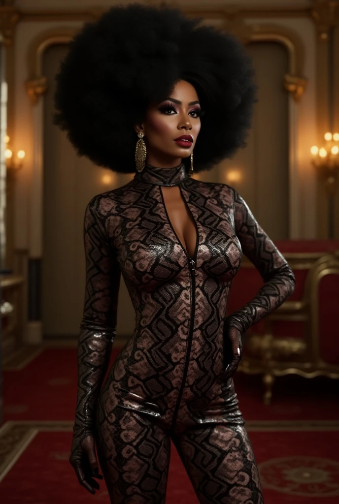 a black woman in a black, velvet dress, posing for a picture, draped in velvety black, black dress, draped in black, light hues, gold glow, black aura, wearing a dress of velvety black, glowing black aura, gorgeous woman, black clothes, shining golden hour, bathed in light, big hair, full body pose