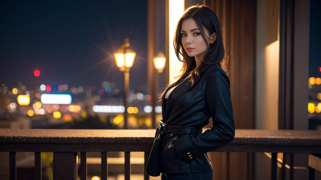 (masterpiece, best quality , 8k), mature woman, fashion perfection , upper body, frontal, A faint smile, city night view , finely drawn , Realistic, ultra high definition, 3D image, ultra high definition, smooth skin , Wearing a very detailed , High quality, high details, high res, Out of Focus Background , Standup, Blue eyes, Solo, female,celeb fashion,celeb, cowboy shot , Emotional Feeling Photo , Put your hand in your pocket,masterpiece, high res, Top Quality, Detail, ultra high definition, European beauties,  