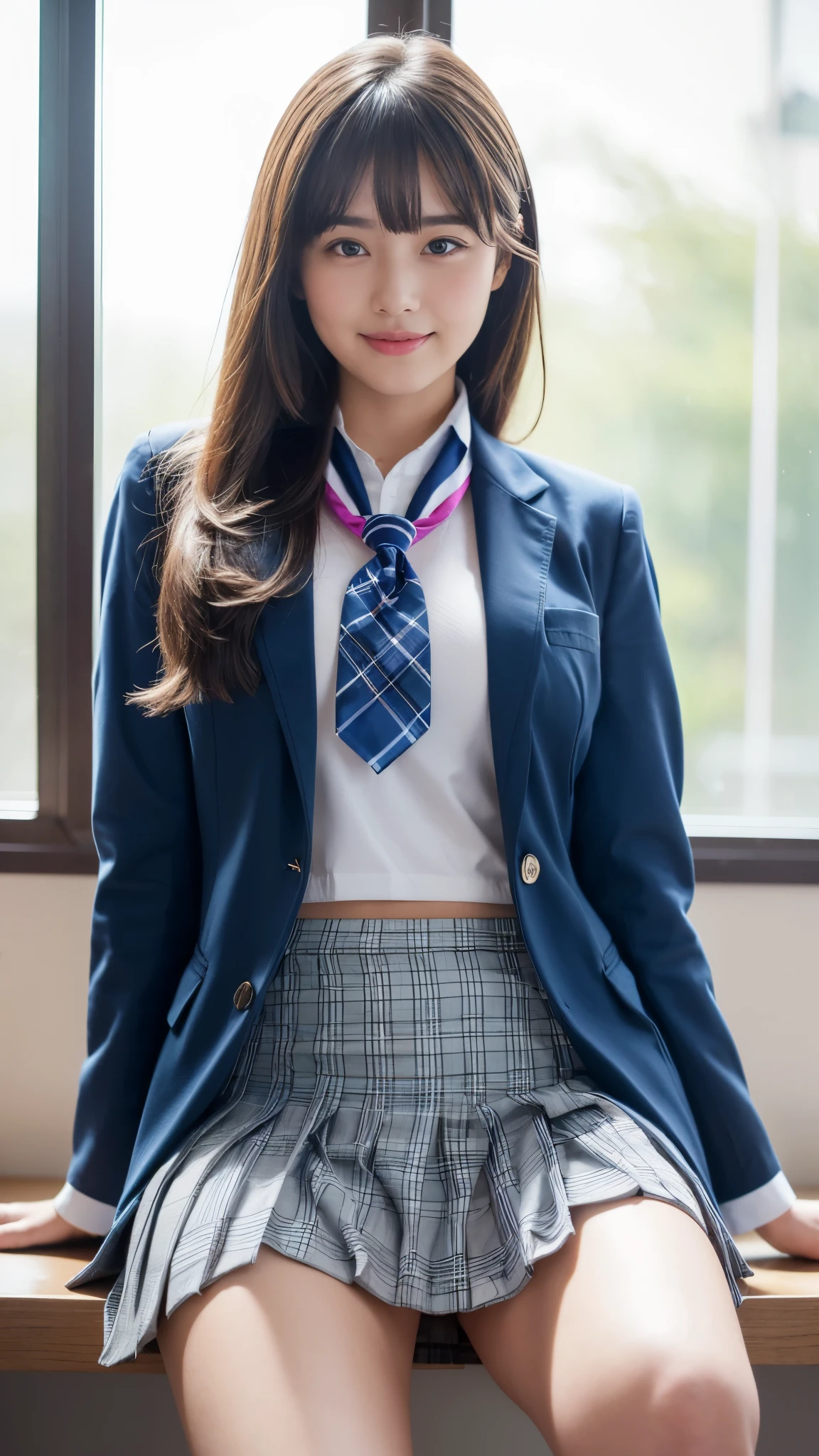 a closeup, masterpiece, top-quality, FULL ANATOMY、Raw foto, Photorealsitic、(Cute little face:1.7)、(Very cute smile:1.7)、(with round face:1.7)、(She looks like an idol and is cute:1.7), A dark-haired、(brightly colored school uniforms:1.7), depth of fields, hight resolution, ultra-detailliert, finely detail, ighly detailed, extremely detailed eye and face, Realistic pupils, foco nítido, Cinematic lighting、18-year-old woman、(One lady、独奏:1.3)、 poneyTail、curlyhair、Very detailed 8k wallpaper、Show me your whole body、Looking at the camera、(Pleated skirt with a very short plaid pattern、I can see my panties、Plump panties、panties in a light color:1.7)、(Pink Fishnet Stockings)、is standing、Angle from below、(Thigh close-up:1.5)、(Nice figure、Clothes with emphasized chest bulge、Colossal tits、big breasts thin waist)、depth of fields、Bokeh in the background