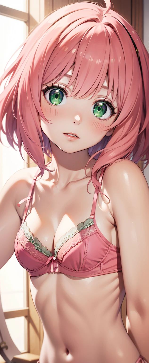 masterpiece,  lyrics, 8K, ultra detailed, detailed face,  medium breasts, Standing, blush, bright eye, (detail of the face), anya forger ( lingerie :1.5) ( green eyes ) (pink hair) ( medium hair) (very low cut)