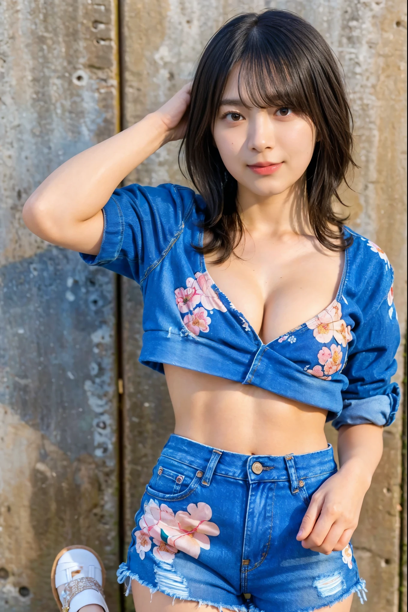 High Resolution Pictures of Japanese Actresses , (Realistic, photo-Realistic:1.2), (Best Quality, masterpiece), RAW photos from the last century, intricate details, Extremely detailed, very detailed while having fun 、A few people 々 having fun together , very detailed while having fun 、A few people 々 having fun together , sharp concentration, (full body, shot from the front:1.4), staring at the camera , Alone, 1 girl, Erotic Photo Poses, sensual poses , (Upper Body Floral Bikini Top 、 Distressed denim shorts, Sandals:1.4), Big Breasts Under Armpits , Dark hair , medium dark brown hair , ( detailed face , beautiful detailed eyes, Beautiful Dark Brown Eyes , sophisticated nose ), ( sandy beachの上に立っている,), perfect anatomy, Perfect hands, Photo Backdrop , outdoor , sandy beach, Blue sky and clouds,