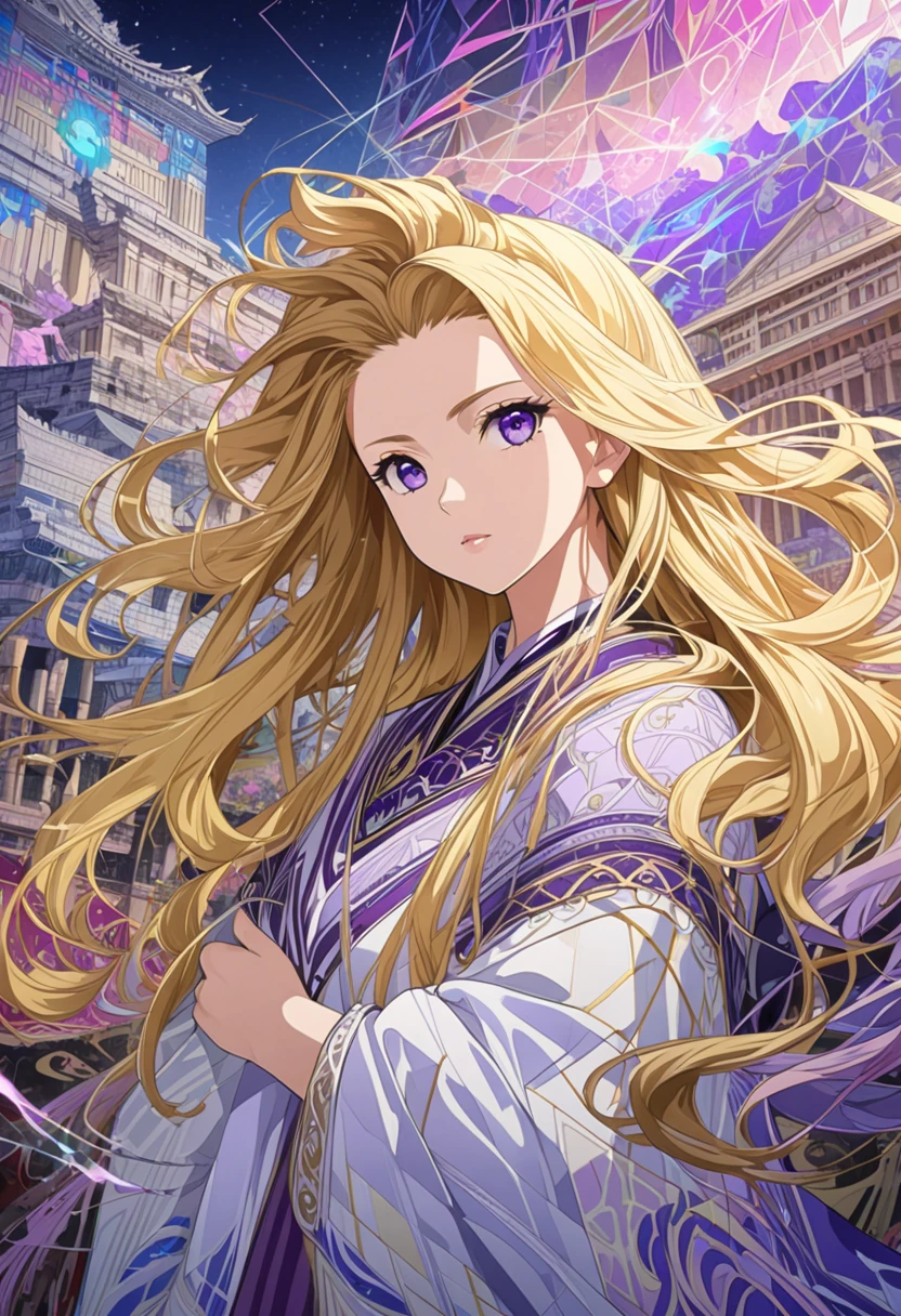 8k resolution, masterpiece,  beautiful girls: 18 years old, messy hair , Oil, Romanticism painting, Delicate depiction of hair, Delicate expression, 美しい perfect face,  perfect face,   Oka Yasutomo painting style, Mid-chest, Add light purple and purple,  intricate details,  splash screen , Big temple, Geometric mural,  colorful background, aura, blonde, Strong winds, thunder,  Alexandria, Detailed illustration art anime style , automatic, 