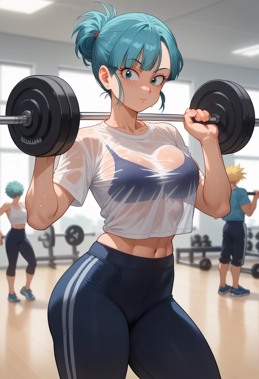 Bulma from dragon ball,Blue hair woman,perfect and sexy body,(academia,working out,lifting weight,Very very sweaty , gym pants, transparent white shirt ) ((academia))