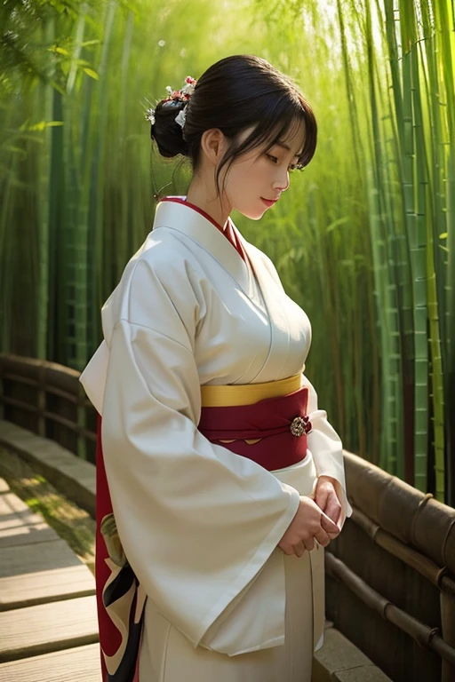 Young Samurai Girl, ultra details, 8k, closeup on her big round breasts, in the background a forest