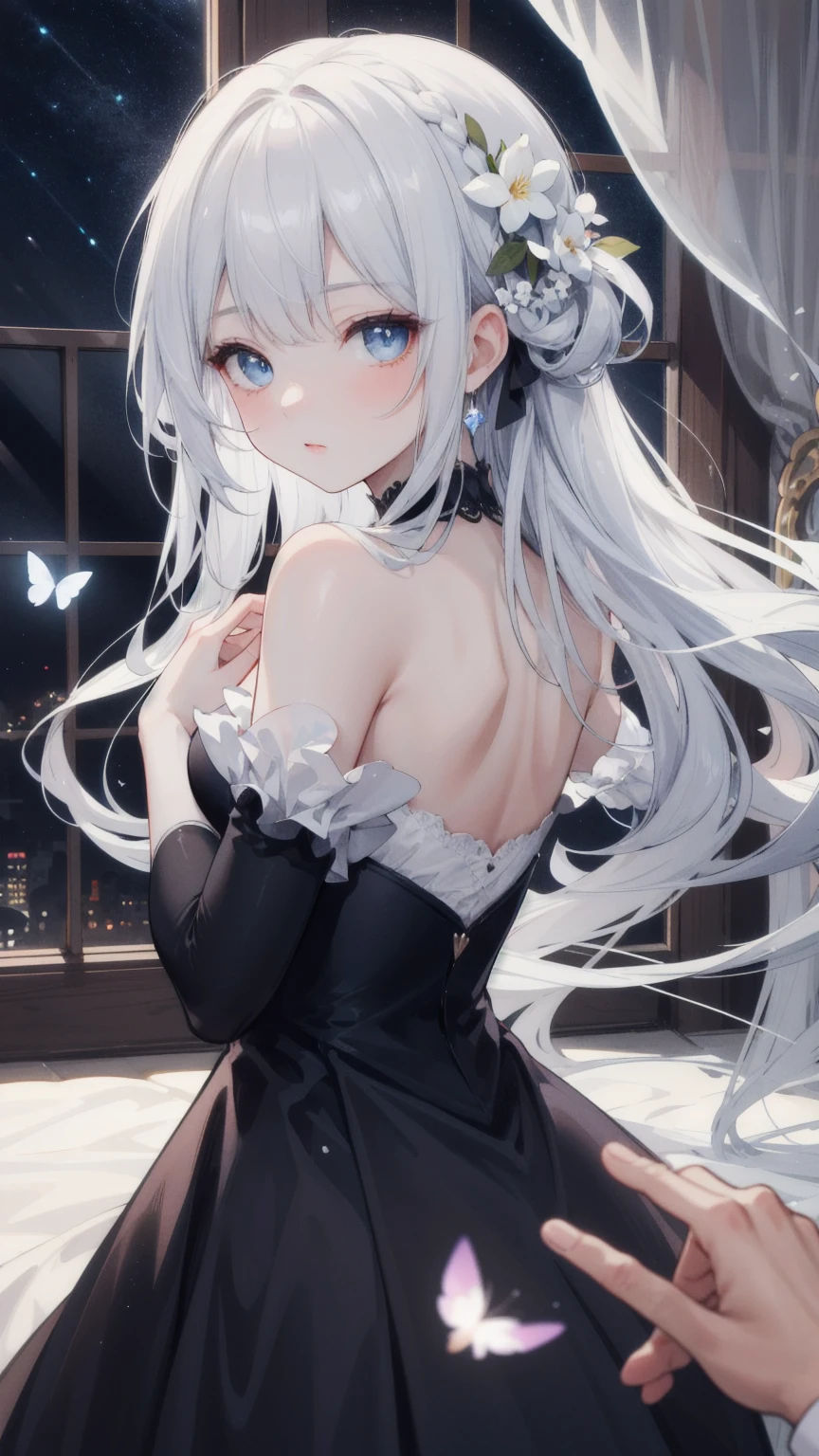 (1 girl, long white hair in a ponytail, beautiful black eyes, green eye shadow, thick eyelashes), (sleeveless tight black dress), (highly detailed CG, sharpness, 8K wallpapers), (highest quality, high resolution, Beautiful Lighting, Realistic) Shadow, High Resolution, (Detailed Skin, High Detail, Detailed Faces and Eyes, Realistic Eyes, Cowboy Shot)