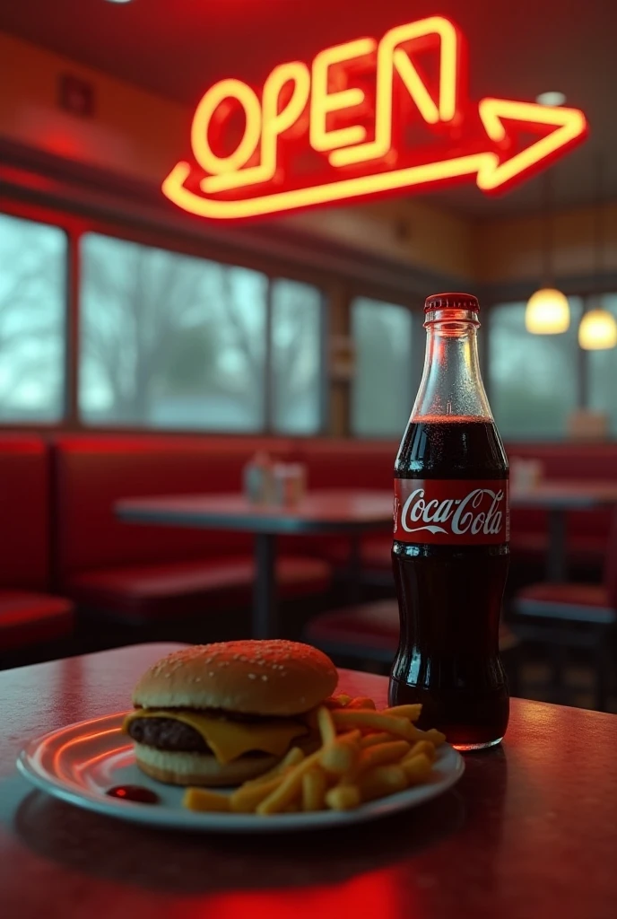 8K Octane, Hyperdetailed, Photorealistic, Cinematography, Cinematic still shot, bottle of coke, counter top, diner, diner booth background, half eaten burger and fries on a plate, backwards neon open sign in background