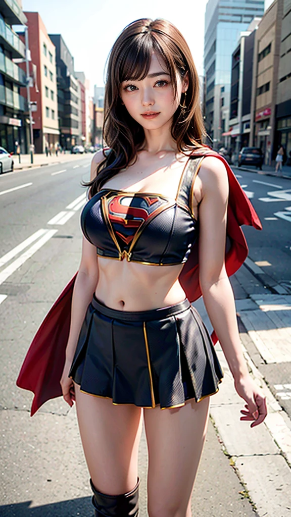   1 girl，big tit female body set ，  Supergirl Costume Dress，skirt、ミニskirt、Cutting clothes，close，  Off Shoulder Outfit，Charming，  perfect body，street，belly button，Abdominal vest line，Brown Hair、Long Hair、Long Hair、  Sexy Poses