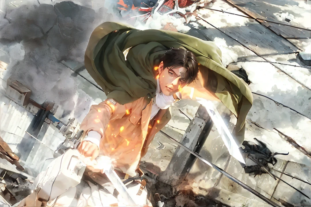 ((LEVI ACKERMAN_SHINGEKI NO KYOJIN)((realistic, photorealistic)),(highlight hair)), Light reflection, (( HD )),((upper body)), (((best quality, masterpiece))), (masterpiece) (best quality) (detail) (8k) (HDR) (wallpaper) (cinematic lighting) (sharp focuasterpiece, best quality: 1.1), Real life adaption of this character, realistic outfit, realistic shadow, realistic light, realism, hyper realistic, realistic background,realistic hair,(photorealistic:1.2), (masterpiece: 1.2), (best quality: 1.3), (clear details: 1.3), ((((ultra-detailed)))), ((detailed eyes)), (extremely detailed face:1.4), (highly detailed eyelash:1.6), Ada_re4, (sitting),(beautiful face:1.5), (Masterpiece, Top Quality: 1.2),masculine male, masterpiece, ((perfect eyes)) best quality, (semirealism:1.9), beautiful lighting, (extremely detailed CG unity 4k fhd wallpaper), High Detail, Sharp focus, dramatic outdoors, 1 boy , white hair, light purpel eyes, smile. Attack on titan logo on sleeve
1boy, levi ackerman, Super Deformed Character, levi from anime attack on titan, sword in hand vertical maneuvering equipment, narrow, intimidating dull gray eyes with dark circles under them and a deceptively youthful face, frowning or expressionless, in his Survey Corps uniform with green hooded cloak, serious mood, awesome full color, high quality, highly detailed, 8K Ultra HD, brick walls, fire particles,Sword slash, blood splash, splash,Medieval city,Colossal titan, beast titan, giant, smoke,