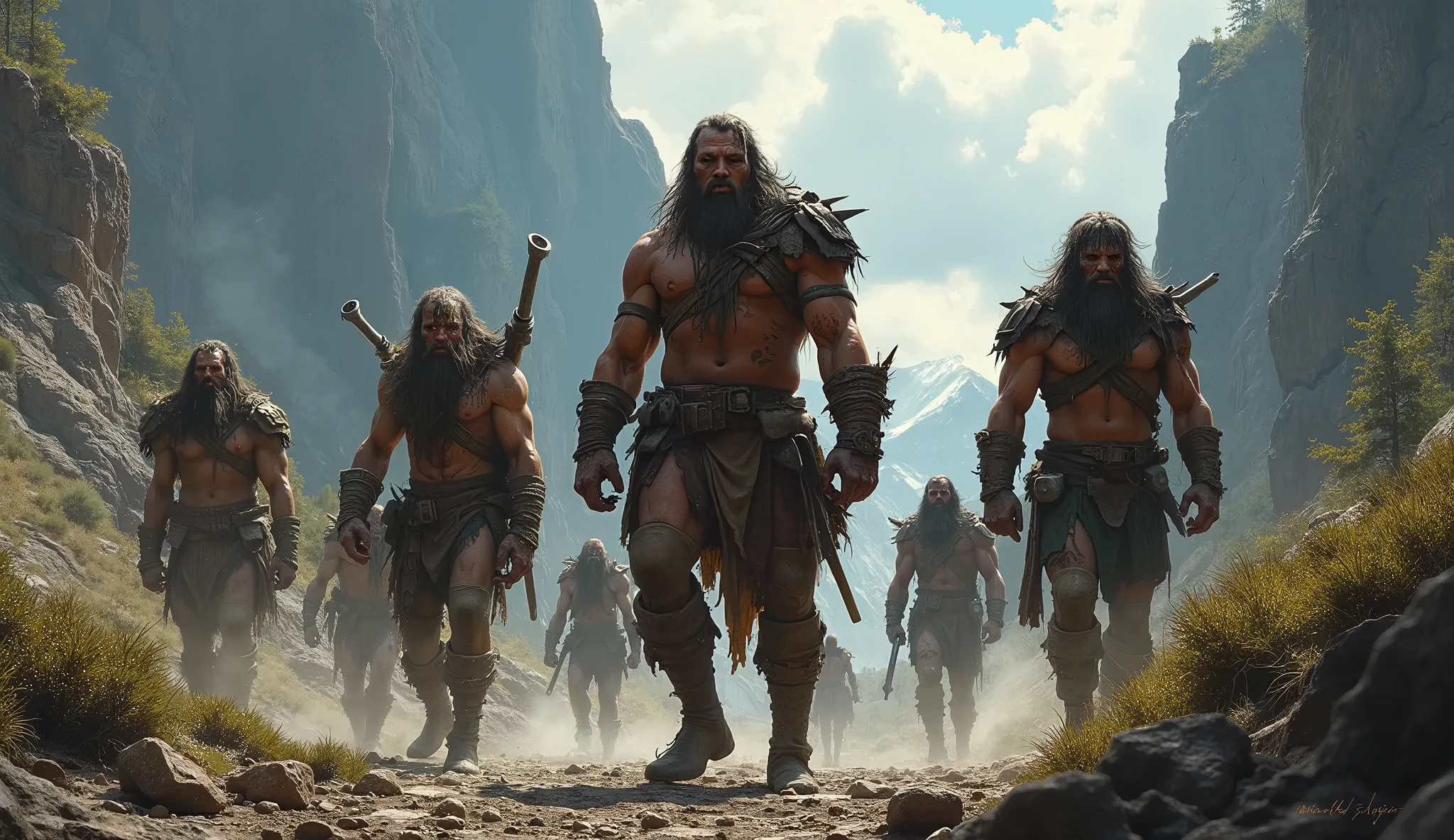 a man with a long beard standing in front of a group of men, a detailed matte painting, featured on zbrush central, cinematic trailer, warrior outfit, celtic druid, 4 k detail, die antwoord music video, father time, 2045, otzi, salma hayek as a barbarian, unreal engine 5 detail, menacing look