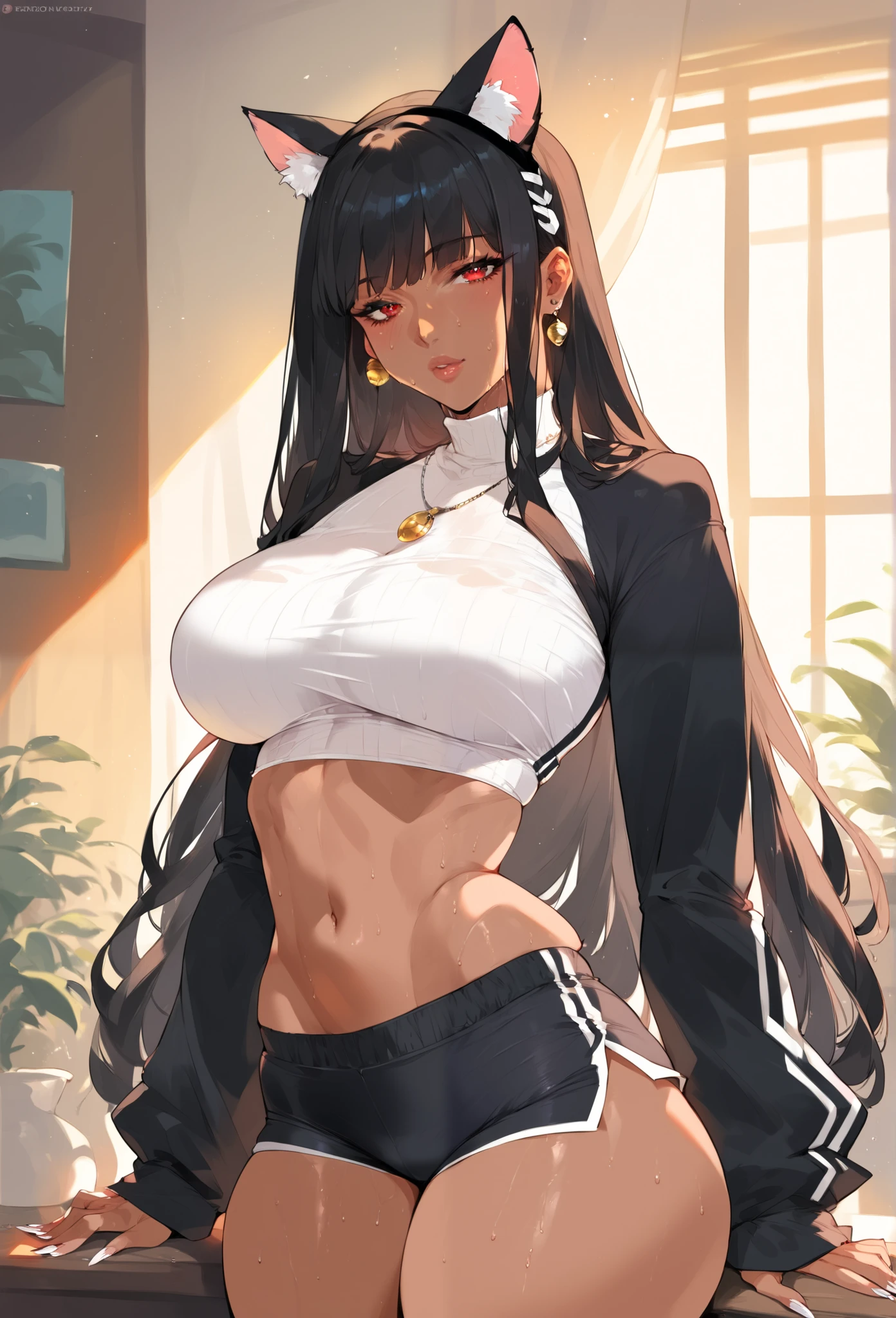 mixed_ art style , pendant , big , neckline, sweaty, sexy, ,  a girl, red eyes,  black hair , long hair, fringe, cat ears, dark skin, Cat ears,  long sleeves ,  sleeves lower than the wrists,  crop top, improve, Lips, white nails, long nails, interior,