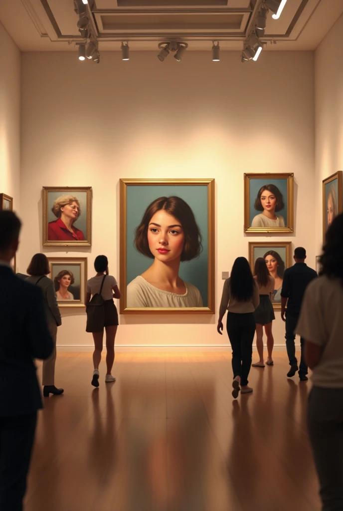 Beautiful women looking at a painting by Juan Miro in a museum