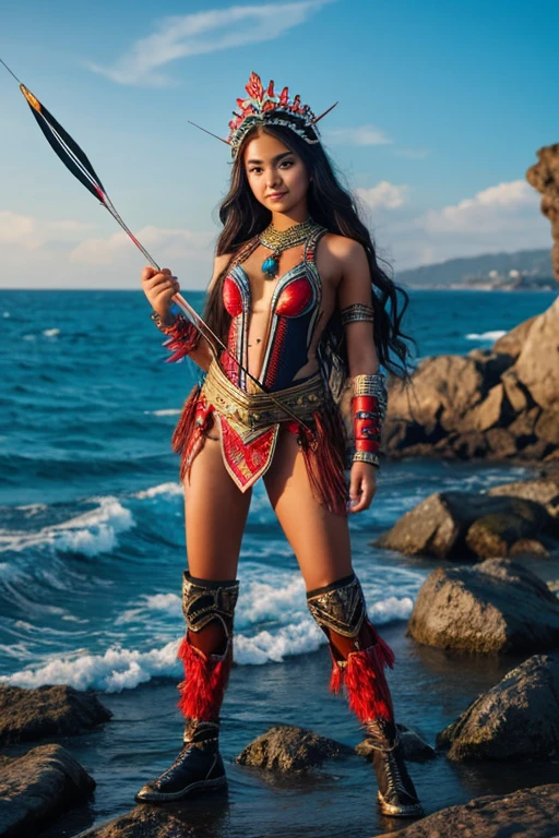 (best quality,4k,8k,highres,masterpiece:1.2),ultra-detailed,realistic,beautiful Indonesian woman warrior,expressive eyes,painted face,detailed warrior attire,intricate headdress,golden jewelry,dazzling sword,speaking power and strength,ancient traditions and culture,passionate and fearless fighter,commanding presence in the battlefield,mythical and mystical elements,rich colors of the Indonesian landscape,dramatic lighting,traditional Indonesian motifs,traditional weapons and armor,tribal markings on the body,graceful movements,warrior surrounded by lush tropical forest and exotic animals,embodying the spirit of the Indonesian warrior legends
