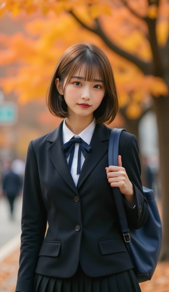   be careful when browsing  :-2, Retro school girl photo, Realistic, 美しい女性Face,  Staring straight into the camera  :1.37, , Realistic, 非常にRealisticな写真,  is standing,  perfect anatomy:1.21,  has a small head:1.21, Thin lips:1.5, Close your lips, Portrait of a Japanese Woman :1.21,  A plain uniform from a famous high school in the city  , blazer uniform,  blazers, 黒いblazers,  shirt :1.21, Loop Ribbon:1.21,  black pleated skirt  :1.21,     I'm carrying a warm dark blue school backpack , Brown Hair:1.21 ,  bob cut hair in the house:1.21,   cute Japanese woman  :1.21,  A beautiful Japanese woman with about the same big boobs&#39;Face:1.21,  symmetrical eyes,  clear eyebrows on the rails :1.37,   Details Faces  ,  white skin:1.21,  fine skin,  growing skin :1.21,   natural light is shining on her :1.37,   Retro black and white photography  ,  Based on warm colors   :1.37, Silky Screen, Nostalgic Photos,   Dynamic cinematic lighting in warm colors shines , 