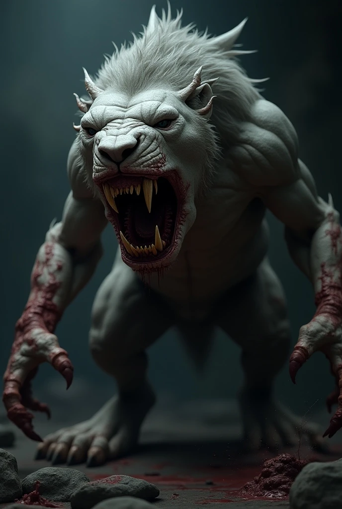A huge evil wide grinning hyena exposing a set of sharp yellow teeth standing tall outside on a doorstep in front of a closed house door, background shadows, nightmare