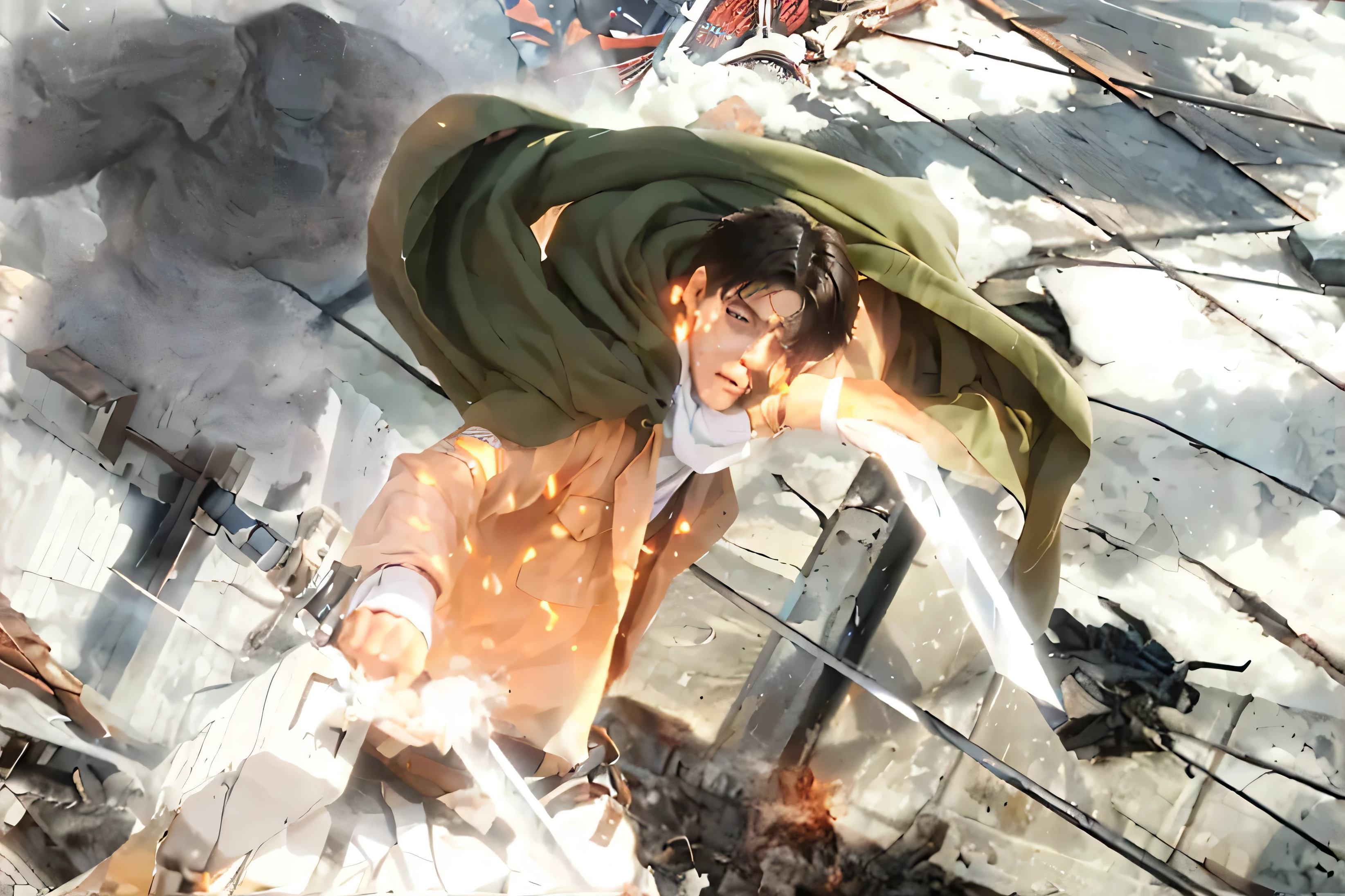 ((LEVI ACKERMAN_SHINGEKI NO KYOJIN)((realistic, photorealistic)),(highlight hair)), Light reflection, (( HD )),((upper body)), (((best quality, masterpiece))), (masterpiece) (best quality) (detail) (8k) (HDR) (wallpaper) (cinematic lighting) (sharp focuasterpiece, best quality: 1.1), Real life adaption of this character, realistic outfit, realistic shadow, realistic light, realism, hyper realistic, realistic background,realistic hair,(photorealistic:1.2), (masterpiece: 1.2), (best quality: 1.3), (clear details: 1.3), ((((ultra-detailed)))), ((detailed eyes)), (extremely detailed face:1.4), (highly detailed eyelash:1.6), Ada_re4, (sitting),(beautiful face:1.5), (Masterpiece, Top Quality: 1.2),masculine male, masterpiece, ((perfect eyes)) best quality, (semirealism:1.9), beautiful lighting, (extremely detailed CG unity 4k fhd wallpaper), High Detail, Sharp focus, dramatic outdoors, 1 boy , white hair, light purpel eyes, smile. Attack on titan logo on sleeve
1boy, levi ackerman, Super Deformed Character, levi from anime attack on titan, sword in hand vertical maneuvering equipment, narrow, intimidating dull gray eyes with dark circles under them and a deceptively youthful face, frowning or expressionless, in his Survey Corps uniform with green hooded cloak, serious mood, awesome full color, high quality, highly detailed, 8K Ultra HD, brick walls, fire particles,Sword slash, blood splash, splash,Medieval city,Colossal titan, beast titan, giant, smoke,